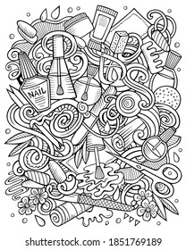 Nail Salon hand drawn vector doodles illustration. Manicure poster design. Beauty elements and objects cartoon background. Sketchy funny picture. All items are separated