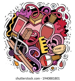 Nail Salon hand drawn vector doodles illustration. Manicure design. Beauty elements and objects cartoon background. Bright colors funny picture. All items are separated