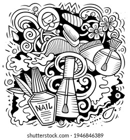 Nail Salon hand drawn vector doodles illustration. Manicure design. Beauty elements and objects cartoon background. Line art funny picture. All items are separated
