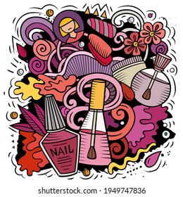 Nail Salon hand drawn vector doodles illustration. Manicure design. Beauty elements and objects cartoon background. Bright colors funny picture. All items are separated