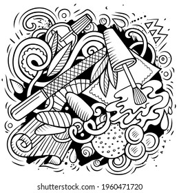 Nail Salon hand drawn vector doodles illustration. Manicure design. Beauty elements and objects cartoon background. Line art funny picture. All items are separated