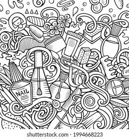 Nail salon hand drawn vector doodles illustration. Manicure frame card design. Beauty elements and objects cartoon background. Sketchy funny border. All items are separated