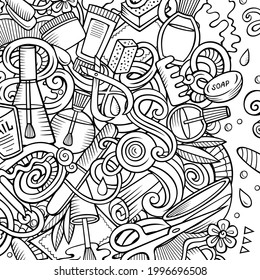 Nail salon hand drawn vector doodles illustration. Manicure frame card design. Beauty elements and objects cartoon background. Sketchy funny border. All items are separated