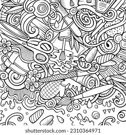 Ilustración de doodles vectoriales dibujados a mano en salón de uñas. Diseño de la tarjeta de marco de mantenimiento. Elementos de belleza y objetos de dibujos animados fondo. Borde curioso. Todos los elementos están separados