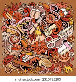 Nail Salon hand drawn vector doodles illustration. Manicure poster design. Beauty elements and objects cartoon background. Bright colors funny picture. All items are separated