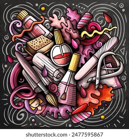 Nail Salon hand drawn vector doodles illustration. Manicure design. Beauty elements and objects cartoon background. Bright colors funny picture. All items are separated