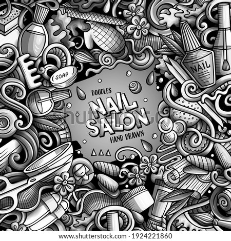 Nail salon hand drawn vector doodles illustration. Manicure frame card design. Beauty elements and objects cartoon background. Graphics funny border. All items are separated