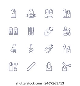 Nail salon icon set. Thin line icon. Editable stroke. Containing buffer, manicure, nail, nailclipper, nailfile, nailpolish, nails.