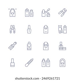 Nail salon icon set. Thin line icon. Editable stroke. Containing fakeblood, finger, nail, nailclipper, nailclippers, nailfile, nailpolish, nails.