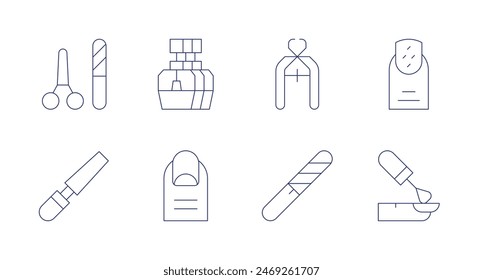 Nail salon icons. Editable stroke. Containing finger, manicure, nailclipper, nailfile, nailpolish, scissors.