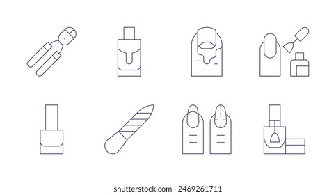 Nail salon icons. Editable stroke. Containing fakeblood, finger, nailclipper, nailfile, nailpolish, nails.