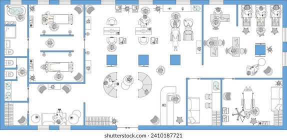 Decoración interior de salón de uñas. Proyecto de salón de belleza. Mujer en el salón de manicura a la vista superior. Centro de Spa con peluquería. Vector