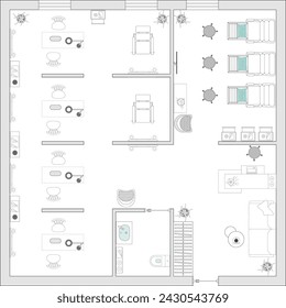 Nail salon interior design. Project of beauty salon. Woman at manicure salon in top view. Spa Center with barbershop. Vector