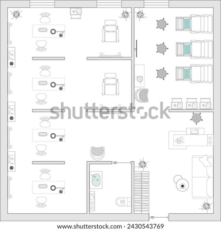 Nail salon interior design. Project of beauty salon. Woman at manicure salon in top view. Spa Center with barbershop. Vector