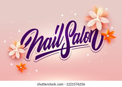 Nail salon Logo Beauty Vector Lettering. Manicure discount voucher wich Custom Handmade Calligraphy. Vector Illustration