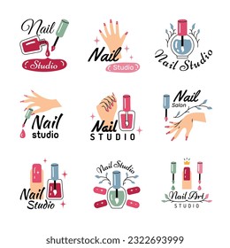 Nail salon logo. Business badges for woman fashioned beauty manicure studio recent vector simple logos