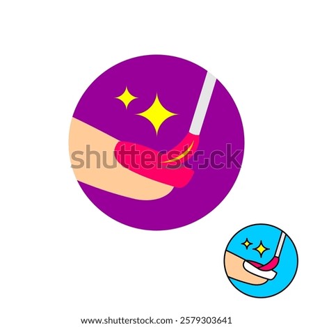 Nail salon logo. Woman finger with nail polish paint and brush in a circle. Sparkle stars accent. Creative symbol of beauty cosmetics procedure. Adjustable stroke.