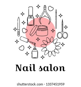 Nail salon and manicure tools. Cuticle nippers and scissors, nail polish, palette and gel paint. Vector transparent flat set of isolated objects in linear style in the shape of a circle