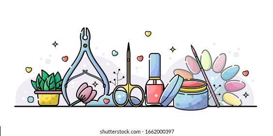 Nail salon and manicure tools. Cuticle tongs, scissors and nail polish. Vector flat illustration in linear style with botanical elements on a white background.