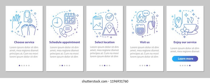 Nail salon onboarding mobile app page screen with linear concepts. Manicurist appointment. Manicure, pedicure service steps graphic instructions. UX, UI, GUI vector template with illustrations