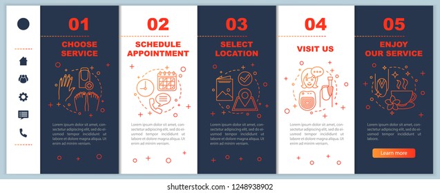 Nail salon onboarding onboarding mobile web pages vector template. Manicurist appointment. Manicure service. Smartphone website interface with linear illustrations. Webpage walkthrough step screens