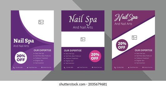 nail salon service flyer design bundle. spa nail salon service poster leaflet design.
bundle, 3 in 1, a4 template, brochure design, cover, flyer, poster, print-ready