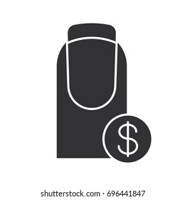 Nail salon services prices glyph icon. Silhouette symbol. French manicure with dollar sign. Negative space. Vector isolated illustration