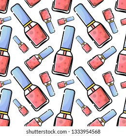 Nail salon. Tools and accessories for manicure and nail. Vector flat color seamless pattern in linear style.