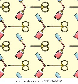 Nail salon. Tools and accessories for manicure and nail. Vector flat color seamless pattern in linear style.