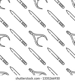 Nail salon. Tools and accessories for manicure and nail. Vector flat monochrome seamless pattern in linear style.