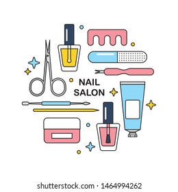 Nail salon tools, manicure, pedicure. Vector line icons, round design template.