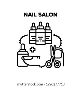 Nail Salon Treat Vector Icon Concept. Cutting And Polishing Fingernail, Fashion Manicure And Pedicure, Painted With Acrylic Varnish, Nail Salon Service. Beauty Center Black Illustration