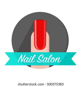 Nail Salon - vector logo, icon with fingernail and decorative ribbon. Beauty spa illustration with creative manicure style for women and girls