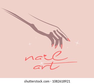 Nail salon vector logo.Woman hand with elegant red nail polish manicure isolated on blush pink background.