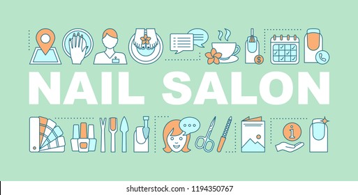 Nail Salon Word Concepts Banner. Manicure, Pedicure Services. Nail Polish, Instruments. Manicurist. Isolated Lettering Typography Idea With Linear Icons. Vector Outline Illustration