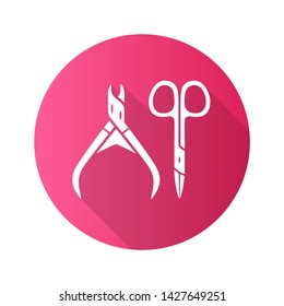 Nail scissors flat design long shadow glyph icon. Manicure and pedicure tools vector silhouette illustration. Body care, hygiene accessories. Small toiletries, sharp clippers. Beauty salon symbol