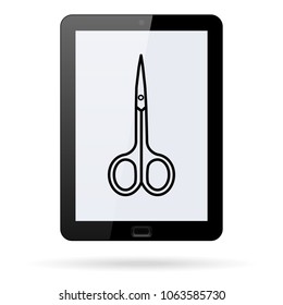 Nail scissors  line vector icon on a realistic tablet. Flat design style. 