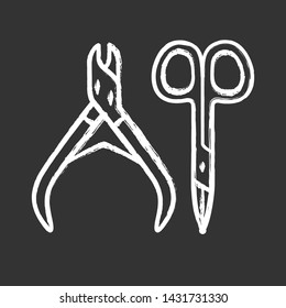 Nail scissors and manicure nippers chalk icon. Pedicure tools isolated vector chalkboard illustration. Body care, hygiene accessories. Small steel toiletries, sharp clippers. Beauty salon symbol