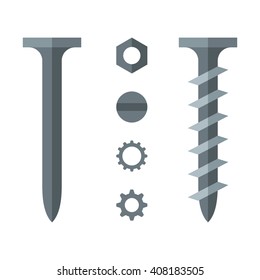 Nail, screw, female screw.  Flat vector illustration isolated on white. 