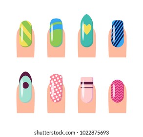 Nail service and art, poster with template fingernails and patterns painted on them, dots and hearts, stripes vector illustration isolated on white