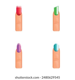 Nail service icons set cartoon vector. Different shape and color of nail. Hand care, manicure