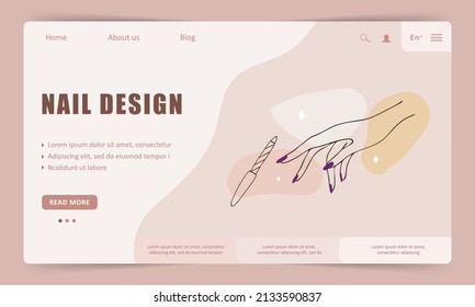 Nail service landing page template. Linear female hands. Beauty logo for manicure studio or spa salon. Vector Illustration in flat cartoon style. Website design.