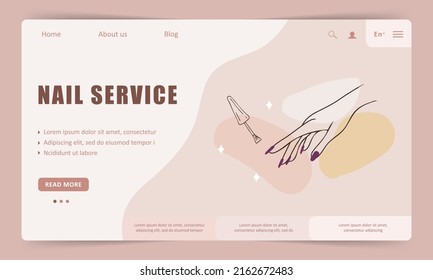 Nail service landing page template. Linear female hands. Beauty logo for manicure studio or spa salon. Vector Illustration in flat cartoon style. Website design.