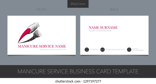 Nail service, manicure salon vector business card template with corporate logo, icon and contact details. Creative presentation card with nails company editable design 