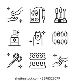 Nail service outline icons set. Manicure gel pedicure signs collection. Woman fashion vector illustration. Nail bar line icons. Spa manicure. Beauty salon.