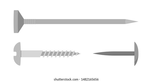 Nail set. Collection of the metal tool for home repair. Steel carpenter equipment. Isolated vector illustration in flat style