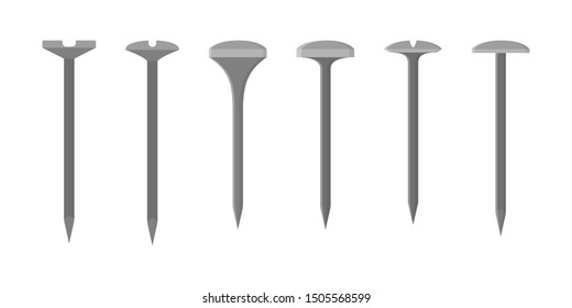 Nail set. Collection of the metal tool for home repair. Steel carpenter equipment. Isolated vector illustration in flat style