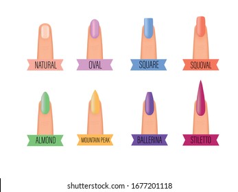 Nail shape icons. Types of fashion nail shapes. Fingernails fashion Vector illustration.