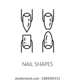 Nail shapes icons for manicure service, hands care or fingernail treatment and beauty, line vector. Nail shape types pictogram for manicure fake or false nail application and cosmetic service