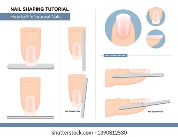 Nail Shaping Tutorial. How to File a Squoval Nail Shape. Step by Step Instruction. Vector illustration